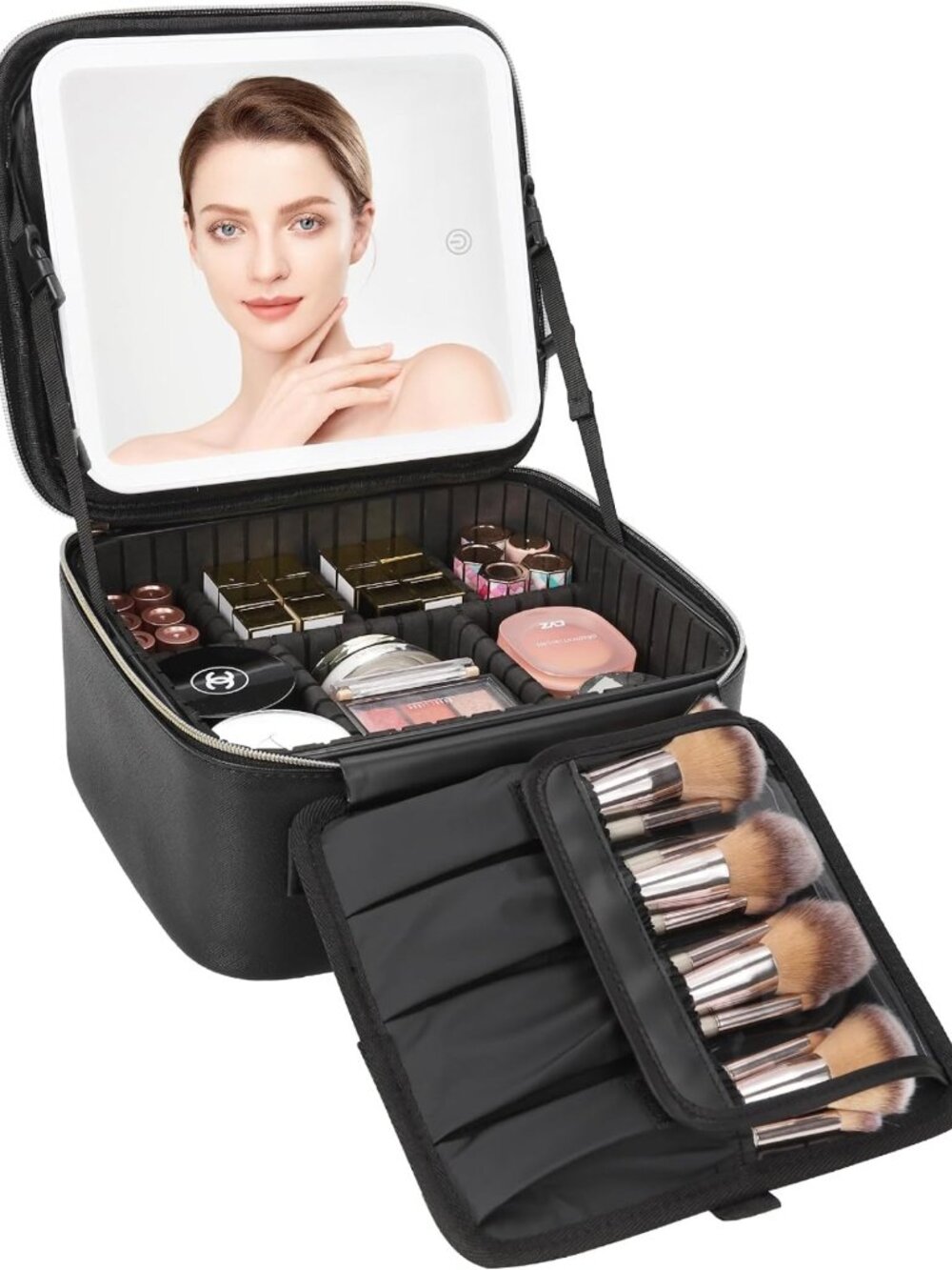 Portable LED Makeup Bag Organizer with Adjustable Dividers & Brush Holder